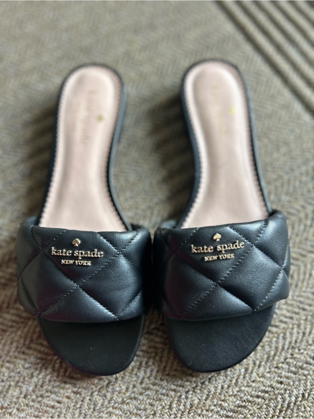 kate spade Black Quilted Slide Mules with Gold Logo